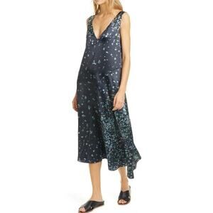 Vince Floral Asymmetrical Shift Dress Satin V-Neck Sleeveless Midi Flowy Black
